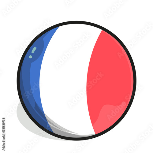 Icon A circular graphic design featuring the French flag's colors; blue, white, and red, arranged in vertical stripes. The design has a bold, cartoonish style with a black outline.