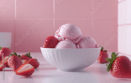 strawberry ice cream in a bowl with fresh strawberries on white table and pink background