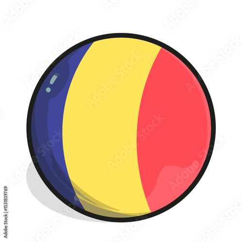 Icon A vibrant, round emblem displays the Romanian flag's colors in a stylized, cartoonish manner. The flag's horizontal bands of yellow, blue, and red are clearly defined.