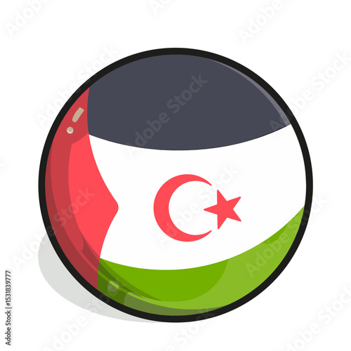 Icon A glossy button displaying the Western Sahara flag, featuring black, white, and green stripes, with a red crescent moon and star.