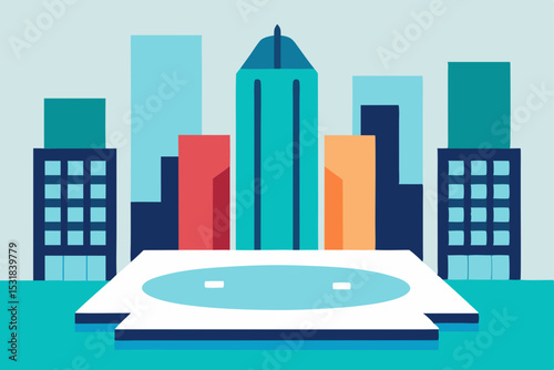 skating rink surrounded by tall office buildings  .svg