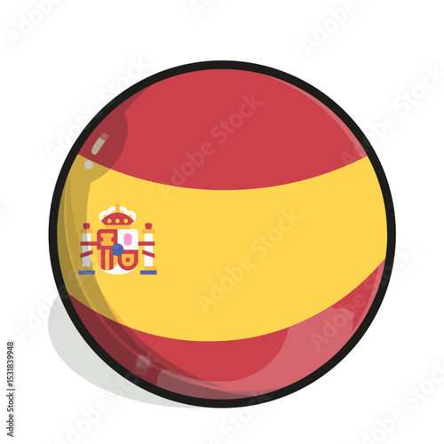 Icon A round button featuring the Spanish flag with red and yellow stripes, and a detailed coat of arms on the left side, with a glossy highlight.