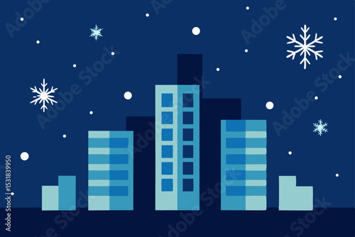 snowflakes drifting past tall office buildings at .svg