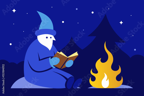 sorcerer reading by winter fire under starlit sky .svg