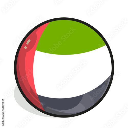 Icon A circular emblem features a stylized depiction of the UAE flag; red, green, white, and black segments form a glossy orb.