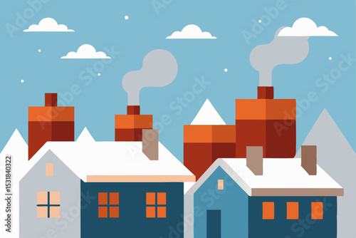 urban rooftops with layer of snow and chimney smok.svg