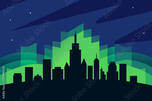 vector skyline with aurora borealis in background .svg