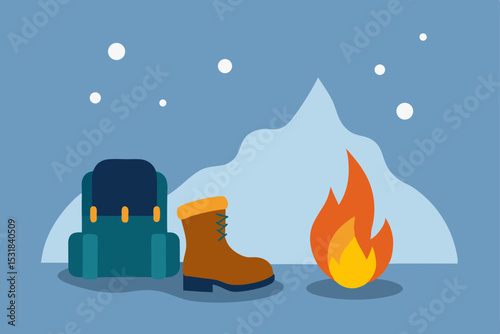 worn boots and backpack near fire in snowy field  .svg