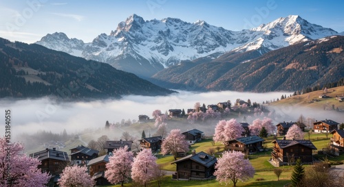 Alpine village in springtime mist with snowy mountains