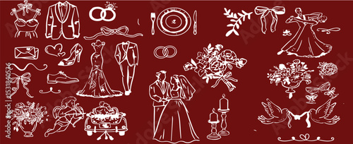 Elegant Hand-Drawn Wedding Icons Illustration Vector Set