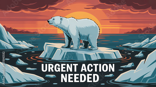Digital Illustration of Polar Bear on Melting Iceberg at Sunset with 