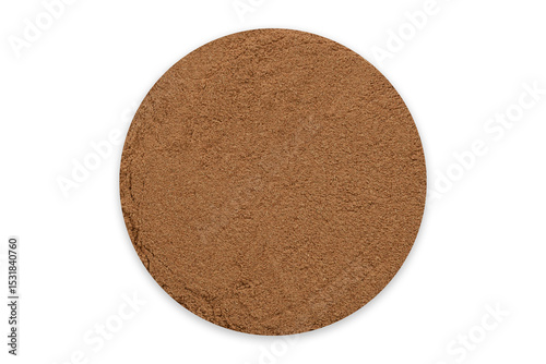 Top view of finely ground tamarind powder in a circular shape, isolated on a white background. Commonly used as a natural souring agent in cooking, herbal supplements, and traditional medicine.