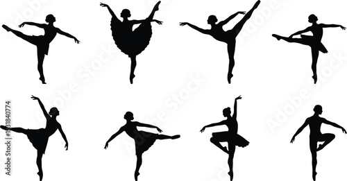 Elegant ballerina silhouettes performing dance poses, balance movements, classical ballet steps, artistic expression, flexibility, and graceful choreography in motion.