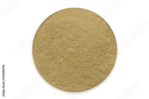 High-resolution top view of finely ground organic lemon peel powder, presented in a circular shape and isolated on a white background. Commonly used in natural skincare, herbal remedies.