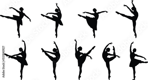 Elegant ballerina silhouettes performing dance poses, balance movements, classical ballet steps, artistic expression, flexibility, and graceful choreography in motion.