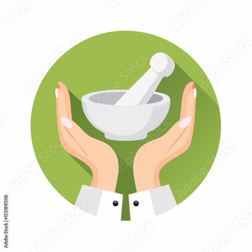 Hands holding a mortar and pestle, a symbol of herbal medicine or preparation.