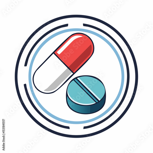 A red and white capsule and a teal tablet rest inside a circular frame.