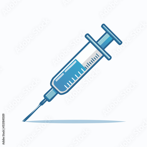 Illustration of a syringe filled with blue liquid, needle pointing down.