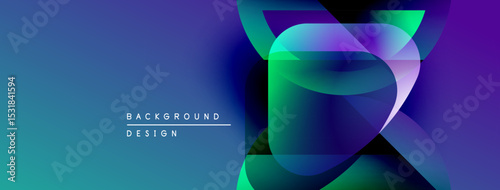 Abstract background features vibrant blue, purple hues. Overlapping shapes create dynamic visual effect. Modern design elements present.