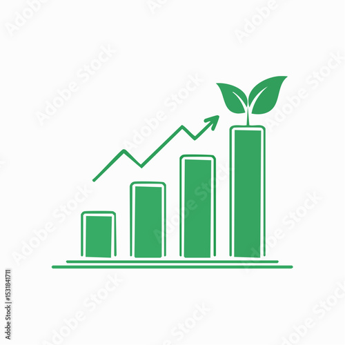Green bar graph showing upward growth, topped with a plant sprout, representing sustainable progress.