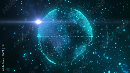 Glowing point cloud globe appearing then rotating rightward with rings and particles for display
