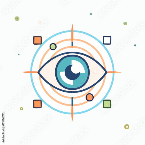 Stylized eye inside concentric circles, targeted by crosshairs, surrounded by colorful shapes.