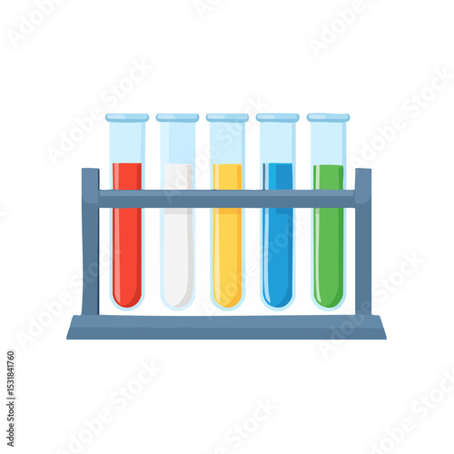 Colorful test tubes filled with liquids, displayed on a gray stand.