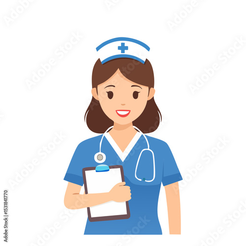 A smiling female nurse holding a clipboard, ready to assist patients.