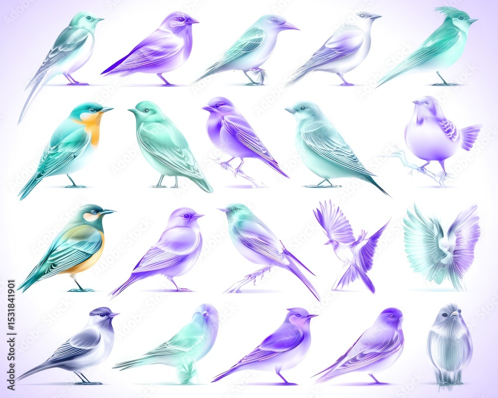 Fototapeta premium Collection of various stylized birds in pastel colors