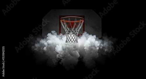 Basketball hoop enveloped in dramatic smoke