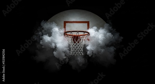 Basketball hoop enveloped in smoke
