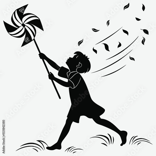 A child blowing on a pinwheel in strong wind image silhouette design vector art and illustration	