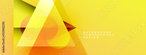Abstract geometric shapes overlap, creating vibrant yellow, orange gradients. Modern design suggests energy, innovation, visual appeal.
