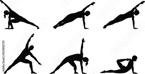 Silhouette of men and women doing yoga, side planks, stretching, strength poses, balance workout, fitness flexibility, and core training.