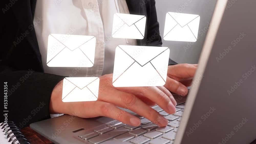 A person typing on their laptop, with white envelopes floating above the keyboard and visible in front of them as if they were icons or symbols representing messages being sent via email. 