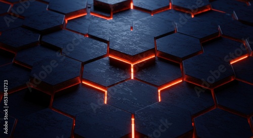 Abstract dark hexagon pattern with orange glowing lines