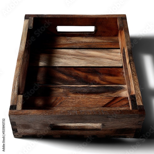 Rustic Wooden Crate Box with Handles and Visible Wood Grain on White Background