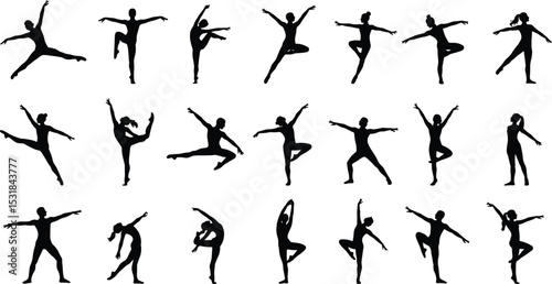 Silhouettes of female ballet dancers in various dynamic poses, illustrating flexibility, grace, elegance, dance movement, posture, and form.