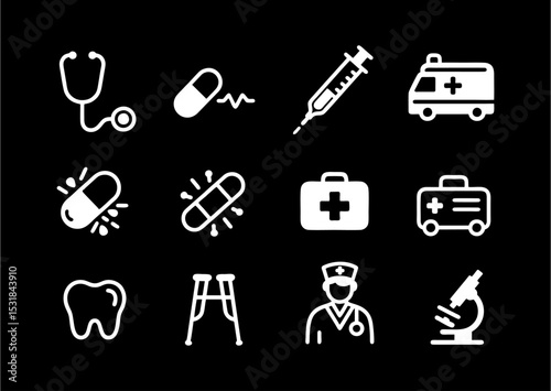 black and white medical icons set