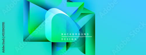 Abstract geometric shapes blend vibrant turquoise, green hues. Modern design suggests depth, movement, visual interest. Text reads background design.