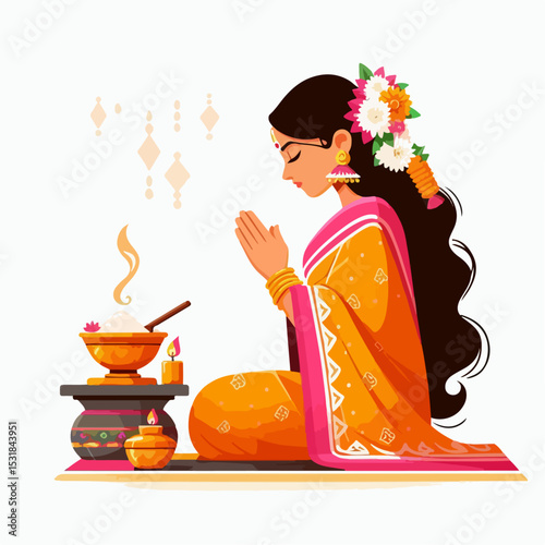 vector illustration of indian woman performing worship