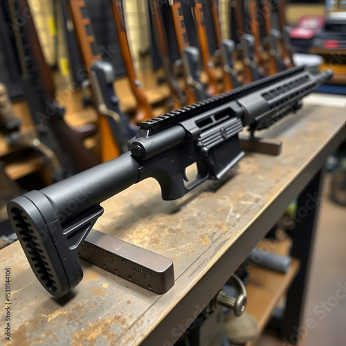 300 Blackout AR rifle upper receiver in a vise on a working table at a gun shop in California, blurred rifles in the background