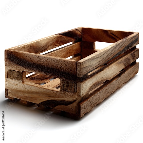 Rustic Wooden Crate with Handle Open Slatted Design on White Background