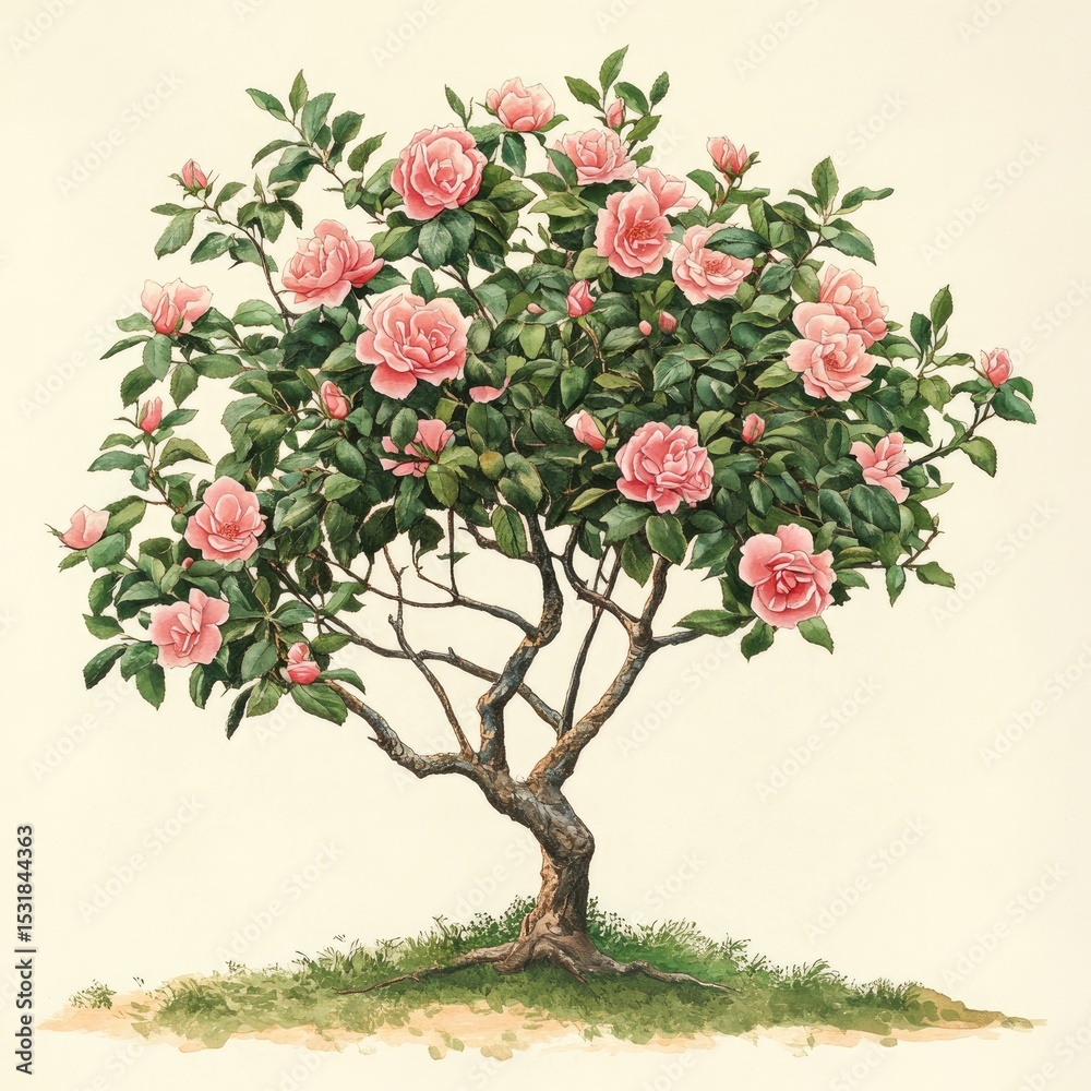 Fototapeta premium Pink flowering shrub, detailed botanical illustration