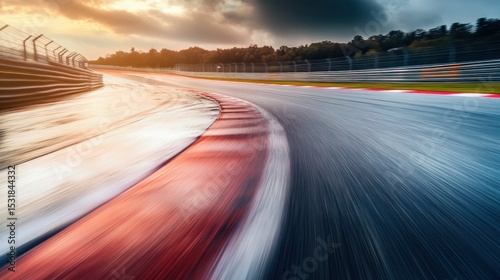 Race Car motorcycle racetrack after rain on a sunny day. Fast motion blur effect.