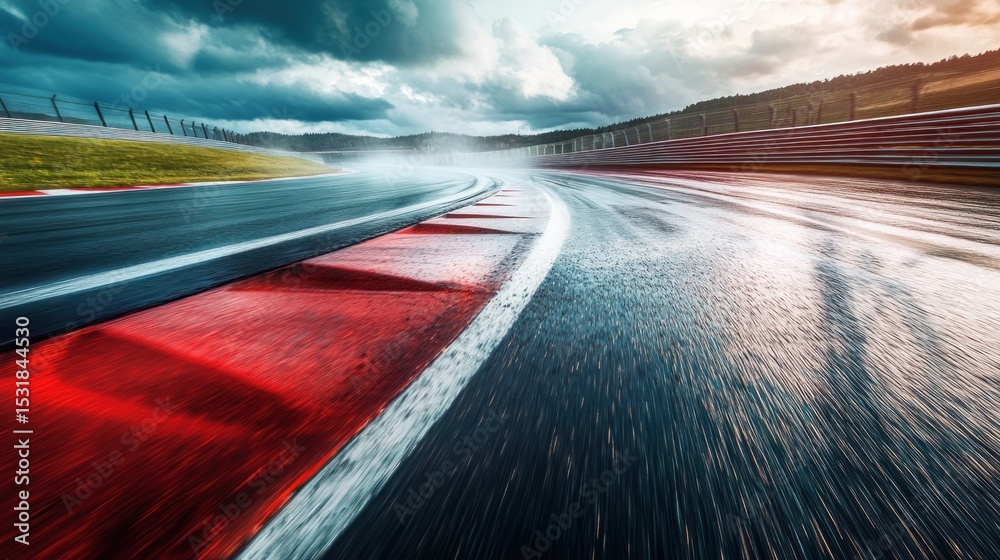 Fototapeta premium Race Car motorcycle racetrack after rain on a sunny day. Fast motion blur effect.