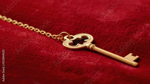 Golden key placed on red velvet fabric representing exclusive access, authority, and luxury, with intricate details and elegant design. Symbol of security, power, and premium membership.
