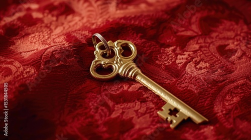 Golden key placed on red velvet fabric representing exclusive access, authority, and luxury, with intricate details and elegant design. Symbol of security, power, and premium membership.
