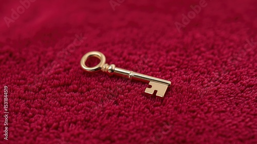 Golden key placed on red velvet fabric representing exclusive access, authority, and luxury, with intricate details and elegant design. Symbol of security, power, and premium membership.
