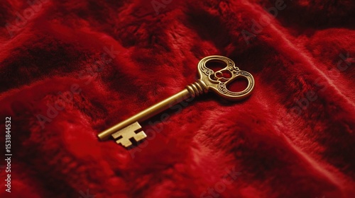 Golden key placed on red velvet fabric representing exclusive access, authority, and luxury, with intricate details and elegant design. Symbol of security, power, and premium membership.
